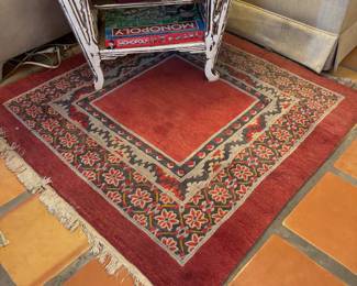 Antique TIbetan Rug and Art Deco End Table With Games