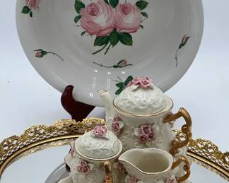 Porcelain Victorian style tea set, Hand painted rose serving bowl