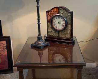 Glass Top End Table With Lamp And Clock