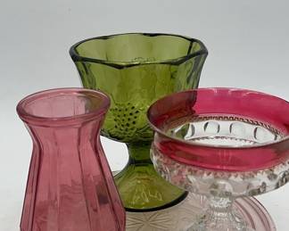 Daisy sunflower pink depression cake plate 10 x 1.5 in.
Vtg Indiana glass harvest grape green compote candy dish 5.5 x 6.5 in.