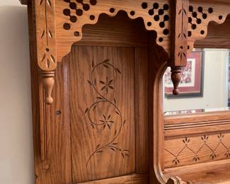 	#17	Carved Wood Floral - Wall Display cabinet w/beveled mirror and hidden compartment	 $ 325.00 																											