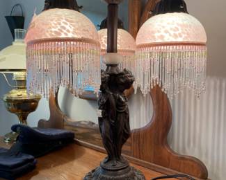 	#44	Ornate Meyda Tiffany Style Lamp 3 Graces - w/3 glass beaded shades - 23"T	 $ 150.00 																											