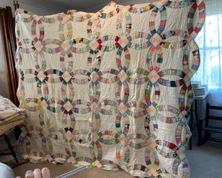	#55	Scalloped Edge Double Wedding Ring Quilt - Hand Quilted as is some tears 72x84	 $ 75.00 																											