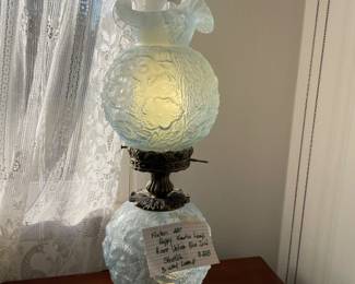 	#38	Fenton 22" Poppy Lamp - Rare Velva Blue Irid Stretch 3 way lamp	 $ 225.00 																											