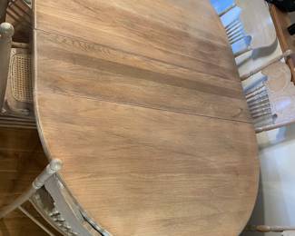 	#1	Bleached Oak - Pedestal Dining Room Table w/7 coordinating chairs (4 with cane bottom, 3 carved back) 2 leaves 11" each. 56-78x54x30	 $ 175.00 																											