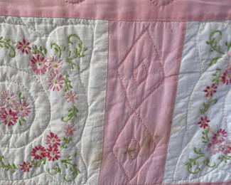 	#57	Hand Embroidered, Hand Quilted Pink and White Daisy - 70"x96" (AS IS SMALL STAINS)	 $ 75.00 																											