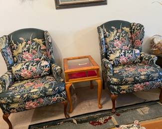 	#7	Pair of Wingback Chairs - "embroidered-like" fabric around the floral pattern. ($30 each) 	 $ 60.00 																											