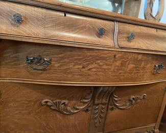 	#3	Antique Solid Oak Victorian Back Bar Sideboard Buffet Server - w/mirror and carved applique pieces. 48x26x80	 $ 350.00 																											
