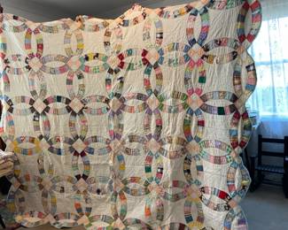 	#55	Scalloped Edge Double Wedding Ring Quilt - Hand Quilted as is some tears 72x84	 $ 75.00 																											