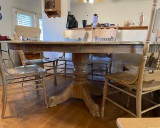 	#1	Bleached Oak - Pedestal Dining Room Table w/7 coordinating chairs (4 with cane bottom, 3 carved back) 2 leaves 11" each. 56-78x54x30	 $ 175.00 																											