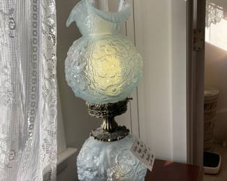 	#38	Fenton 22" Poppy Lamp - Rare Velva Blue Irid Stretch 3 way lamp	 $ 225.00 																											