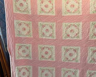 	#57	Hand Embroidered, Hand Quilted Pink and White Daisy - 70"x96" (AS IS SMALL STAINS)	 $ 75.00 																											