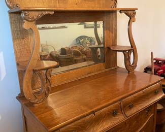 	#3	Antique Solid Oak Victorian Back Bar Sideboard Buffet Server - w/mirror and carved applique pieces. 48x26x80	 $ 350.00 																											