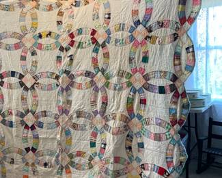 	#55	Scalloped Edge Double Wedding Ring Quilt - Hand Quilted as is some tears 72x84	 $ 75.00 																											