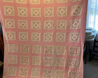 	#57	Hand Embroidered, Hand Quilted Pink and White Daisy - 70"x96" (AS IS SMALL STAINS)	 $ 75.00 																											