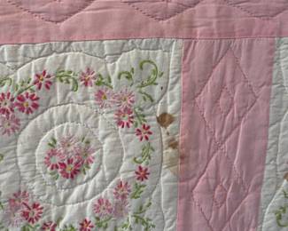 	#57	Hand Embroidered, Hand Quilted Pink and White Daisy - 70"x96" (AS IS SMALL STAINS)	 $ 75.00 																											