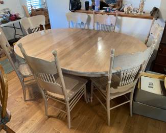 	#1	Bleached Oak - Pedestal Dining Room Table w/7 coordinating chairs (4 with cane bottom, 3 carved back) 2 leaves 11" each. 56-78x54x30	 $ 175.00 																											