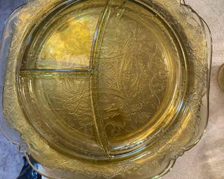 	#68	Federal Madrid Depression Glass - Yellow set: 6 divided plates, 6 dinner plates, 4 salad plates, 12 bread and butter, juice pitcher, plater, 6 berry bowls, sugar + creamer, relish dish, punch bowl + 6 cups	$250.00																											