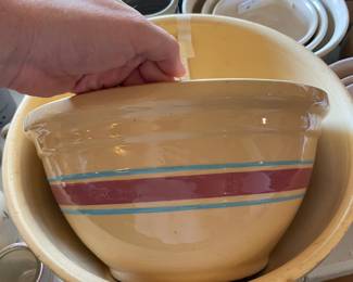 	#91	ME Ovenware USA Pottery Bowls - 12" + 14" (as is staining)	$65.00																											