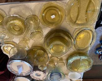 	#68	Federal Madrid Depression Glass - Yellow set: 6 divided plates, 6 dinner plates, 4 salad plates, 12 bread and butter, juice pitcher, plater, 6 berry bowls, sugar + creamer, relish dish, punch bowl + 6 cups	$250.00																											