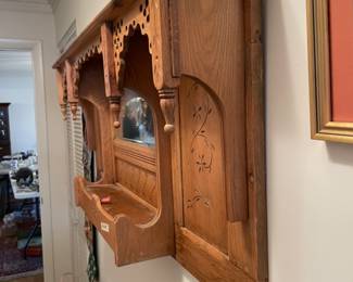 	#17	Carved Wood Floral - Wall Display cabinet w/beveled mirror and hidden compartment	 $ 325.00 																											
