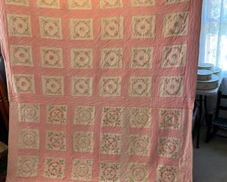 	#57	Hand Embroidered, Hand Quilted Pink and White Daisy - 70"x96" (AS IS SMALL STAINS)	 $ 75.00 																											