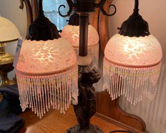 	#44	Ornate Meyda Tiffany Style Lamp 3 Graces - w/3 glass beaded shades - 23"T	 $ 150.00 																											