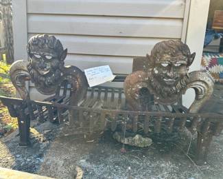 	#130	Antique Cast Iron - Fire Dogs Devil Satyr Andirons Set 7 PCs (as is)	$250.00																											