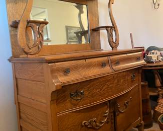 	#3	Antique Solid Oak Victorian Back Bar Sideboard Buffet Server - w/mirror and carved applique pieces. 48x26x80	 $ 350.00 																											