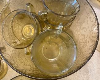 	#68	Federal Madrid Depression Glass - Yellow set: 6 divided plates, 6 dinner plates, 4 salad plates, 12 bread and butter, juice pitcher, plater, 6 berry bowls, sugar + creamer, relish dish, punch bowl + 6 cups	$250.00																											