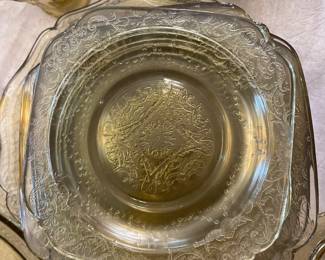 	#68	Federal Madrid Depression Glass - Yellow set: 6 divided plates, 6 dinner plates, 4 salad plates, 12 bread and butter, juice pitcher, plater, 6 berry bowls, sugar + creamer, relish dish, punch bowl + 6 cups	$250.00																											