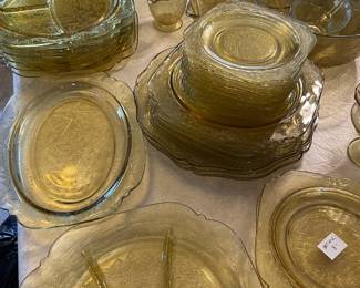 	#68	Federal Madrid Depression Glass - Yellow set: 6 divided plates, 6 dinner plates, 4 salad plates, 12 bread and butter, juice pitcher, plater, 6 berry bowls, sugar + creamer, relish dish, punch bowl + 6 cups	$250.00																											