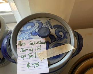 	#93	Ant. Salt Glazed Jar w/lid 9" Tall	$75.00																											