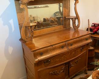 	#3	Antique Solid Oak Victorian Back Bar Sideboard Buffet Server - w/mirror and carved applique pieces. 48x26x80	 $ 350.00 																											