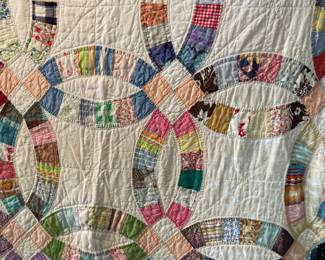 	#55	Scalloped Edge Double Wedding Ring Quilt - Hand Quilted as is some tears 72x84	 $ 75.00 																											