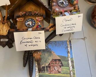 	#121	Small German Cuckoo Clock w/weights untested	$60.00																											
	#122	German Cuckoo Clock w/weights untested - *as is*	$50.00																											