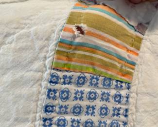 	#55	Scalloped Edge Double Wedding Ring Quilt - Hand Quilted as is some tears 72x84	 $ 75.00 																											