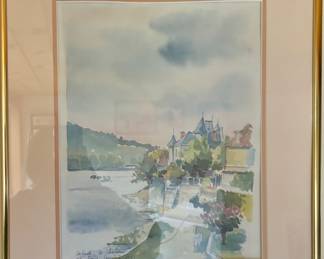 Framed & Matted 1983 Watercolor "La Linde, Le Chilean by Jean Nouie