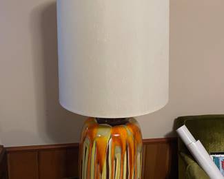 Mid Century Drip Glaze Ceramic Green & Orange Table Lamp