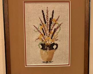 Matching Pair of Framed & Matted Cattails Cross Stitch Artwork