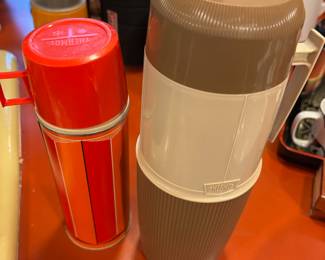 King Seely Harvest Brown and White Thermos Vacuum Bottle – Model #6402, 1974 King Seely Red and Orange Thermos – Model #2410