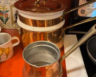Copper Double Boiler Pot & Lid with Ceramic Inserts & Brass Handles, Copper & Brass Pourer/Turkish Coffee Pot