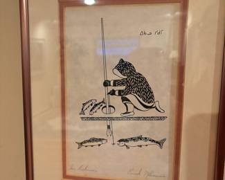 Framed & Matted Silk Screen Print "Ice Fisherman" by Enook Manomie