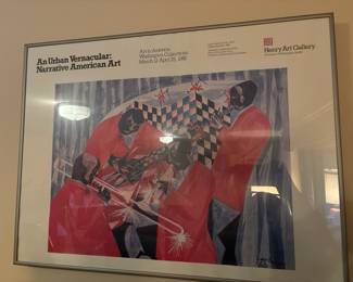 Framed Henry Art Gallery Poster – An Urban Vernacular: Narrative American Art - After Jacob Lawrence "Village Quartet”