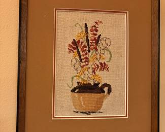Matching Pair of Framed & Matted Cattails Cross Stitch Artwork
