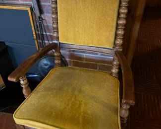 Tudor Style Dining Arm Chair with Yellow Velvet Upholstery