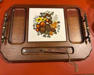 Circa 1960's Wooden Charcuterie Serving Tray with Floral Trivet Insert