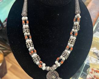Yemen Silver Necklace with coral and pearls