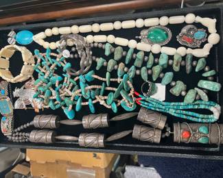 Native American Jewelry, including Yupik or Inuit walrus jewelry (covered by a federal legal exemption for Native handicrafts), Navajo Sterling and Turquoise, including signed Drum necklace, Early signed 1950s Zuni Ring, Early collected Jacla Necklace, etc.