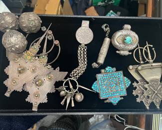 Antique and Vintage Sterling and Coin Silver: two pairs of Moroccan fibulae, Chatelaine, Chinese silver needle case, Tibetan gau amulet boxes with turquoise.